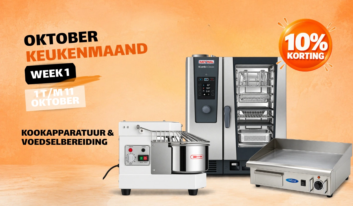 Oktober Keukenmaand week 1, 1 tot en met 11 oktober: 10% korting op kookapparatuur en voedselbereiding.